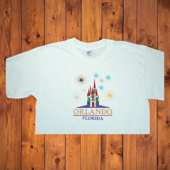 VINTAGE Florida Men T-Shirt Large White Graphic Orlando Castle Embroidered NEW - Picture 2 of 5